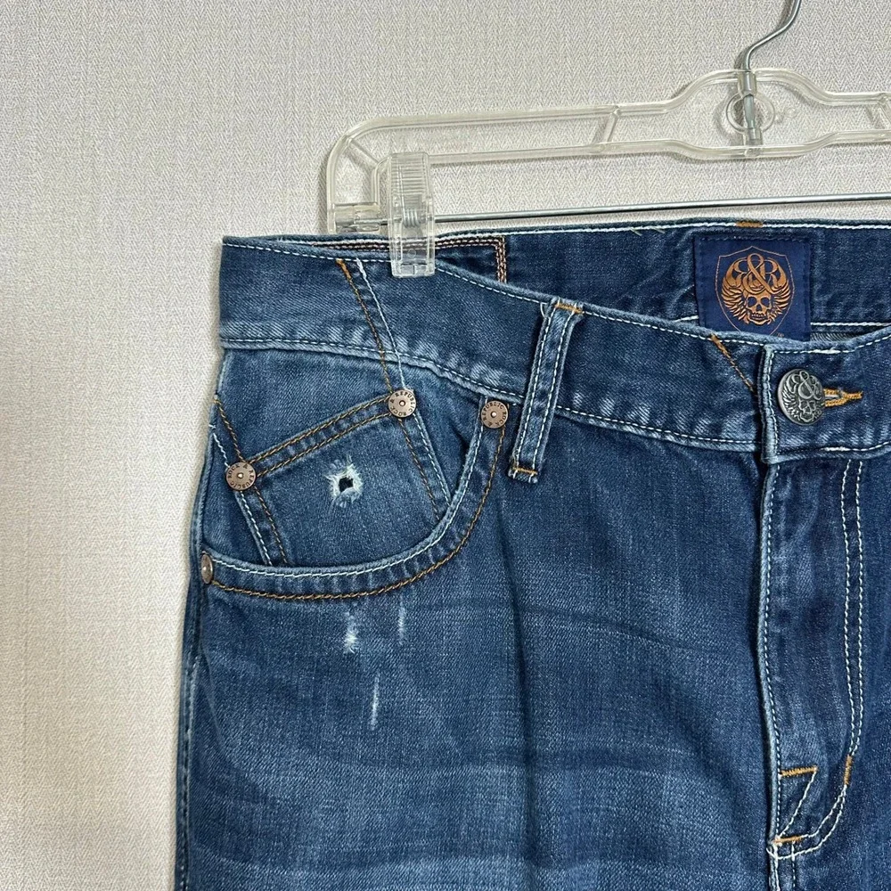 Rock & Republic Mens 34x34 Bootcut Jeans Dark Blue Wash Distressed Flap Pockets